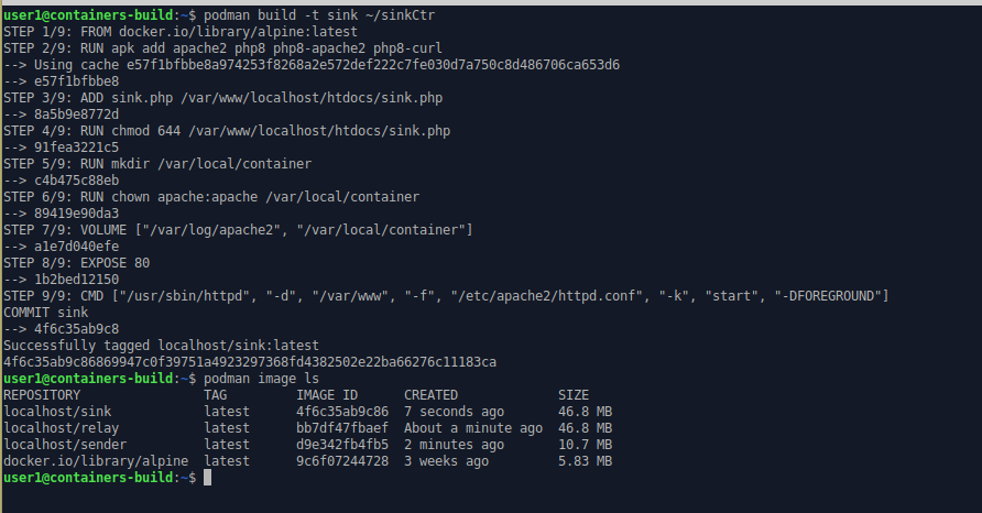 command line output of build of sink container image