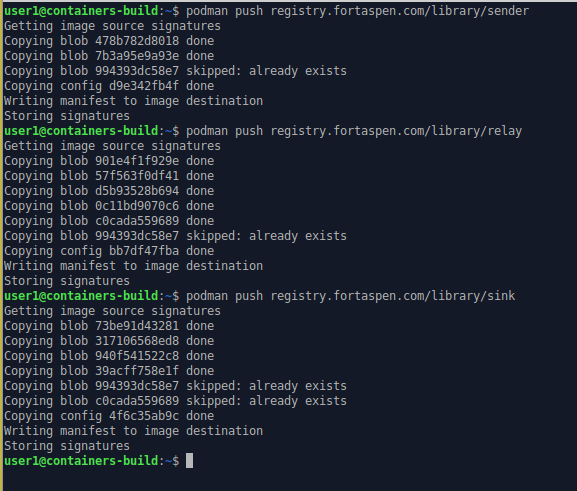 command line output of pushing container images to registry