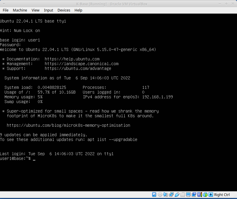 Screenshot of command line of ubuntu VM after start-up