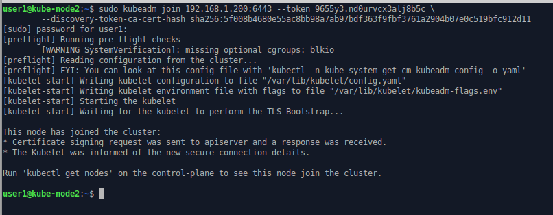 Screenshot of kubeadm being invoked on Node2 to join the cluster.