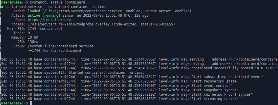 Screenshot showing containerd service is running