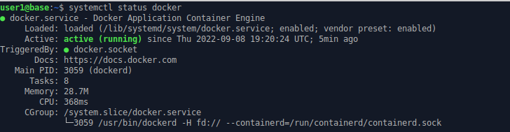 Command line output showing docker service active.