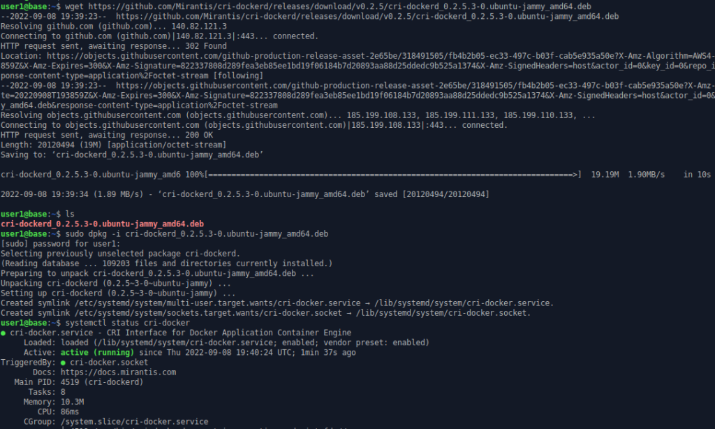 command line output showing the download and install of the CRI-docker package to integrate Docker with Kubernetes