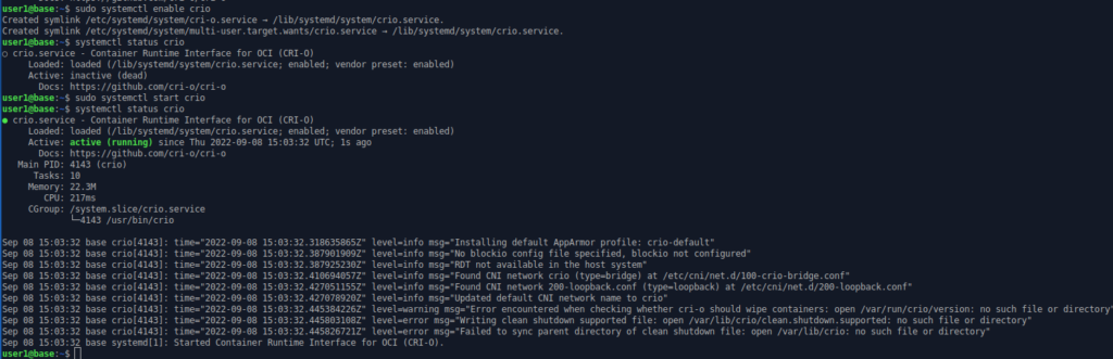 Command line output for the enabling and starting of CRI-O package