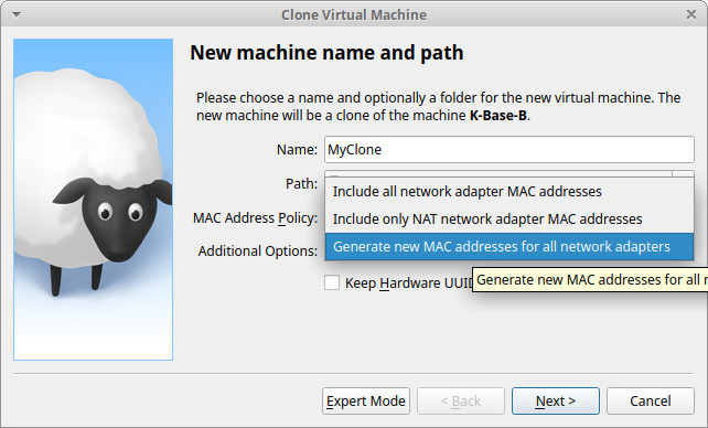 Screenshot of cloning of VM with new MAC address