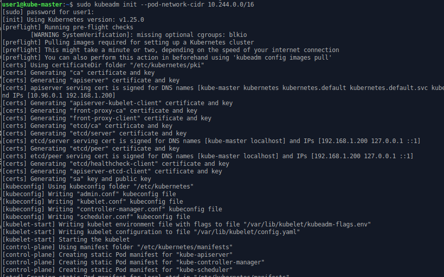 Command line output of the kubeadm init command - first page