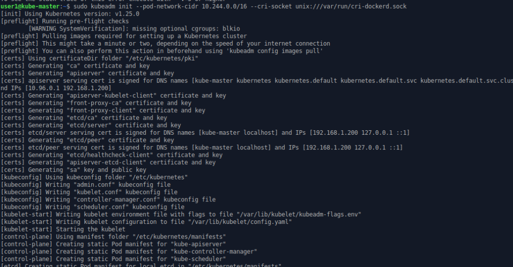 Command line output of the kubeadm init command - first page