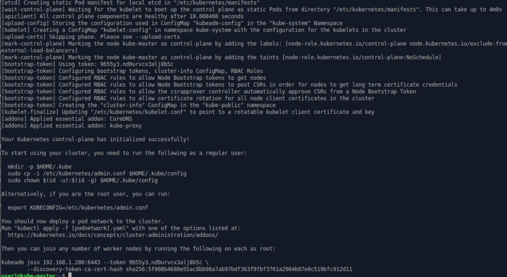 Command line output of the kubeadm init command - final page