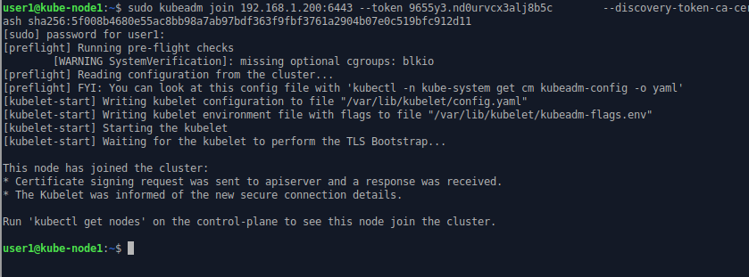 Screenshot of kubeadm being invoked on Node1 to join the cluster.